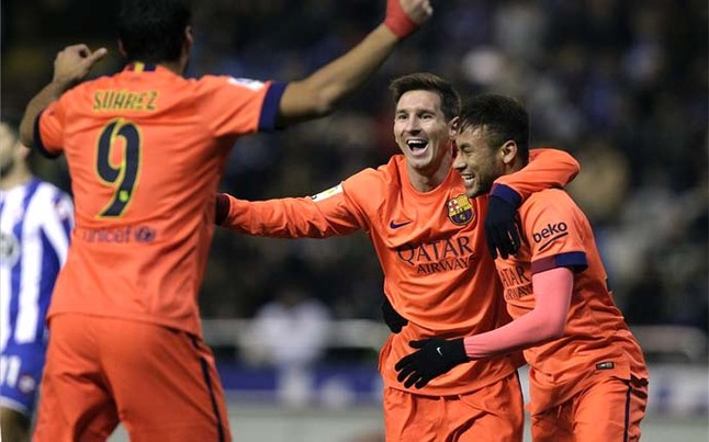 Messi, celebrando uno de sus goles con sus socios del 'tridente'