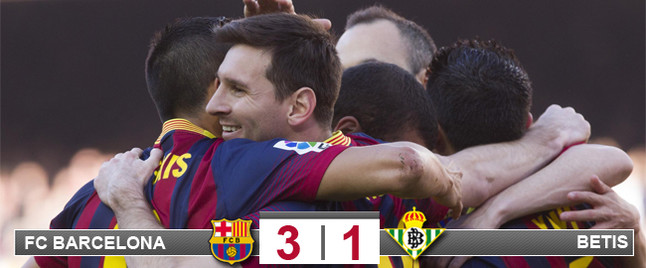 Los jugadores del Barça celebran el primer gol de Leo Messi, de penalti. El argentino logró dos de los tantos de su equipo frente al Real Betis