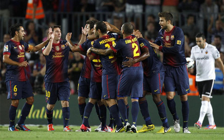 El Barça, durante la celebración del primer gol
