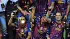 Barcelona\'s players celebrates after winning the Spanish King\'s Cup final match between Athletic Bilbao and FC Barcelona at the Vicente Calderon stadium in Madrid on May 25, 2012. Barcelona defeated Athletic Bilbao 3-0. AFP PHOTO / JOSEP LAGO