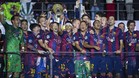 La plantilla del FC Barcelona celebra la conquista de la quinta Champions para el club el 6 de junio en Berln