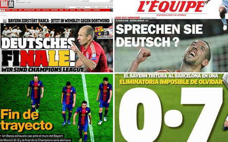 Algunas de las portadas que hablan sobre la derrota del Barça en la Champions