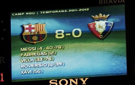 El marcador del Camp Nou recoge el contundente resultado del último Barça-Osasuna