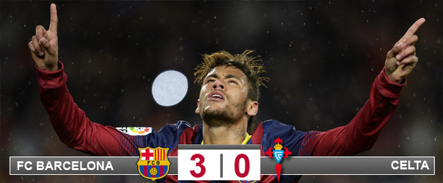 Neymar, con dos goles fue decisivo en el triunfo del Barça sobre el Celta que le mantiene en lalucha por la Liga