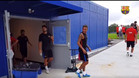 Neymar, Luis Surez y Leo Messi saliendo al campo de entrenamiento este domingo