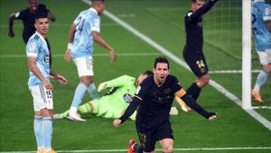 Leo Messi celebra la jugada del segundo gol del Barça ante el Celta